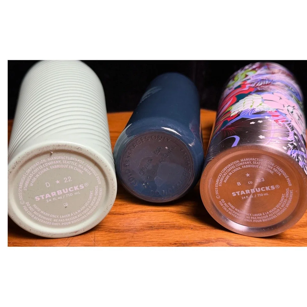 Starbucks 3 Tumbler Set 24oz-Swirl Floral Stainless & 20oz Recycled Glass Blue